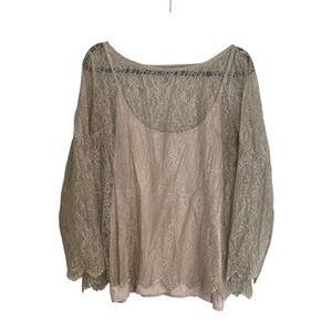 WHBM Beige Tan Lace Top Sheer Long Sleeve Women's Fairy Whimsical Romantic